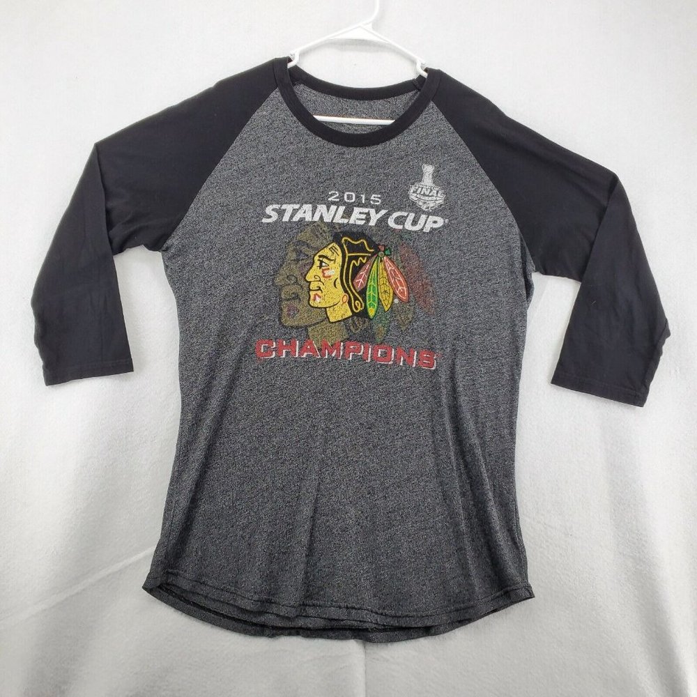 CHICAGO BLACKHAWKS Shirt Men’s 3/4 Sleeve Gray Large 2015 Stanley Cup - Picture 2 of 10